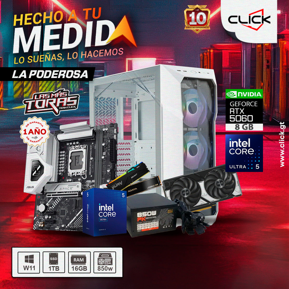 PC LA PODEROSA - ULTRA 5 225F, RTX 5060 8GB GDDR7, 16GB DDR5, 1TB SSD NVME, 850W 80+ BR