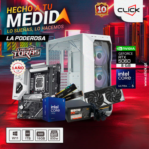 PC LA PODEROSA - ULTRA 5 225F, RTX 5060 8GB GDDR7, 16GB DDR5, 1TB SSD NVME, 850W 80+ BR