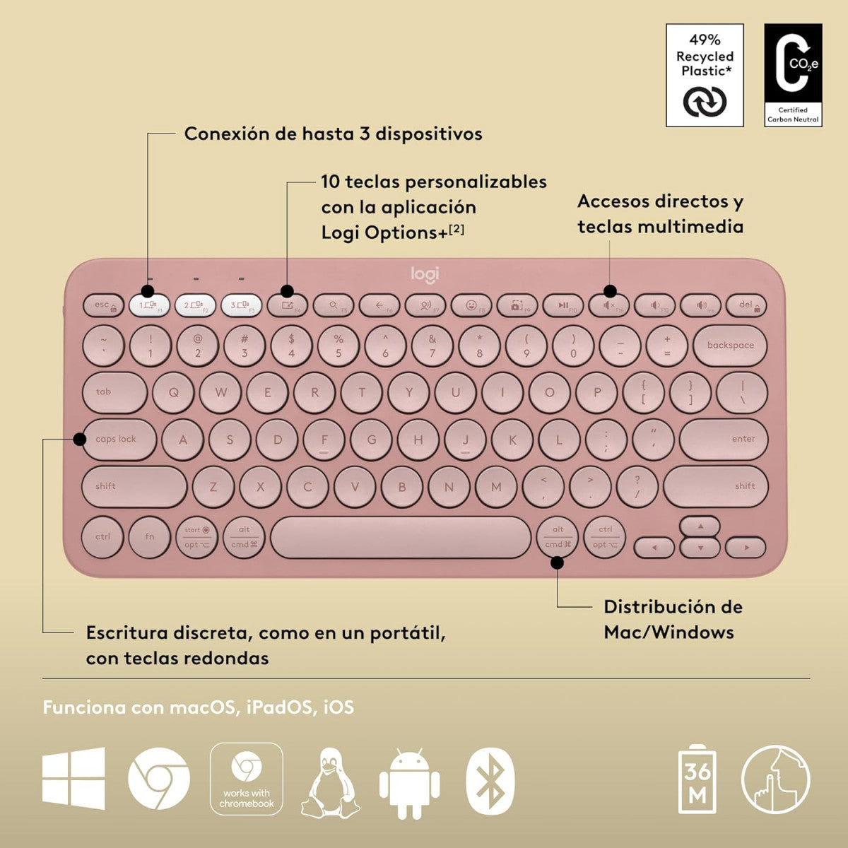 TECLADO PORTATIL BLUETOOTH PEBBLE KEYS 2 K380S ROSA