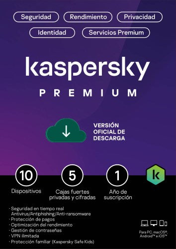 Kaspersky PREMIUM / 10 dispositivos + 5 KPM / 1 año / base