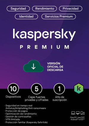 Kaspersky PREMIUM / 10 dispositivos + 5 KPM / 1 año / base