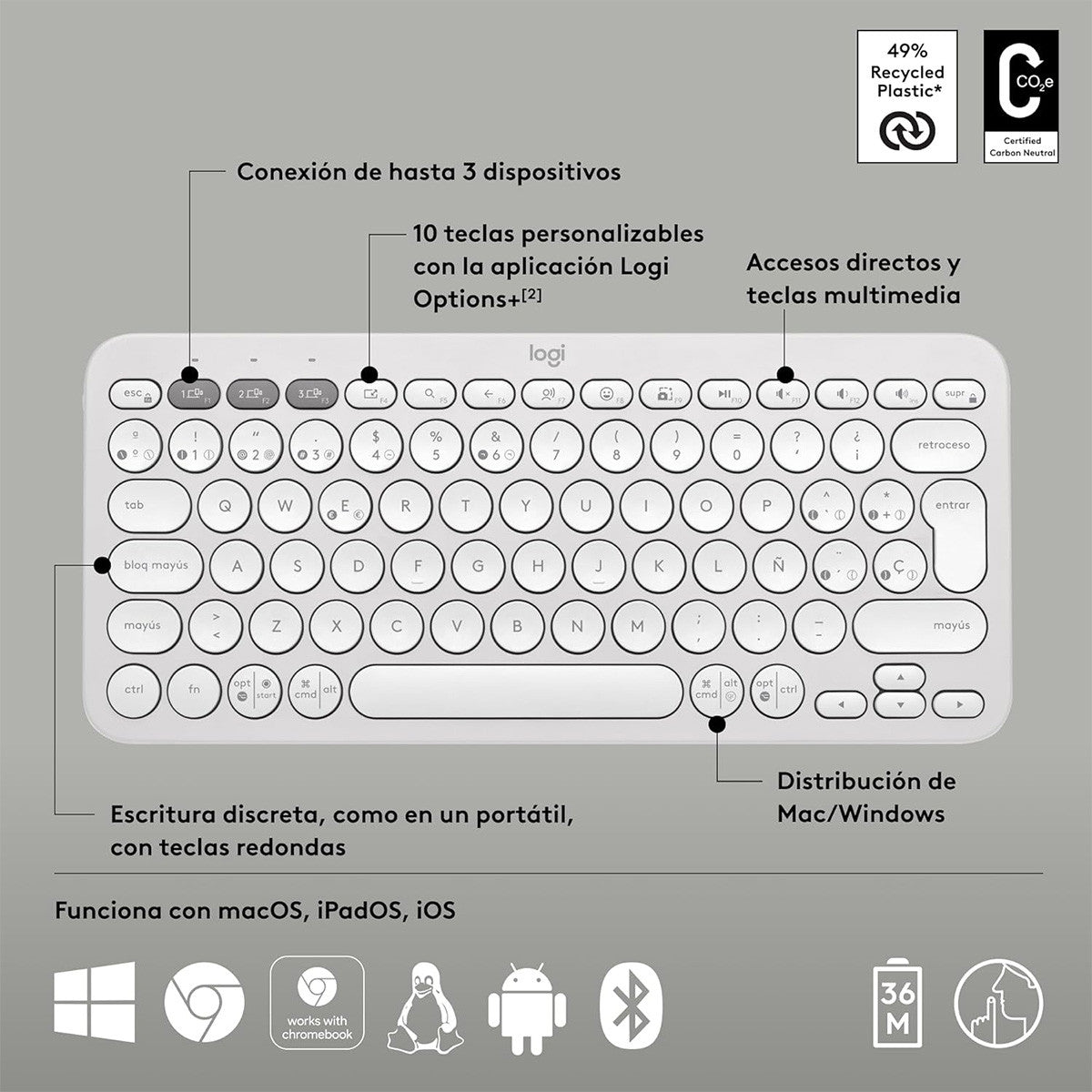 TECLADO PORTATIL BLUETOOTH PEBBLE KEYS 2 K380S BLANCO