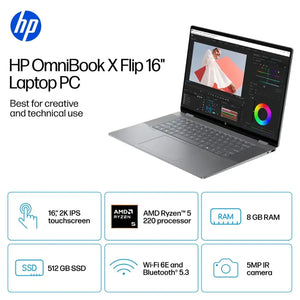OMNIBOOK X FLIP 16-BE0003DX RYZEN 5 220 8GB RAM 512GB SSD 16P 2K TOUCH X360 W11 SILVER